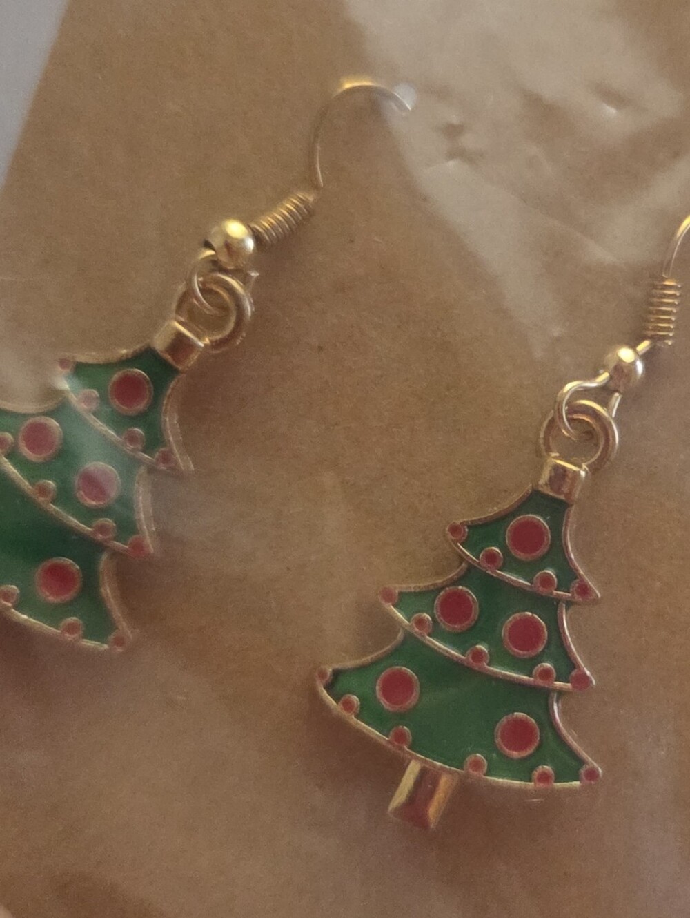 Gold-Tone Green and Red Enamel Christmas Tree Drop Earrings
